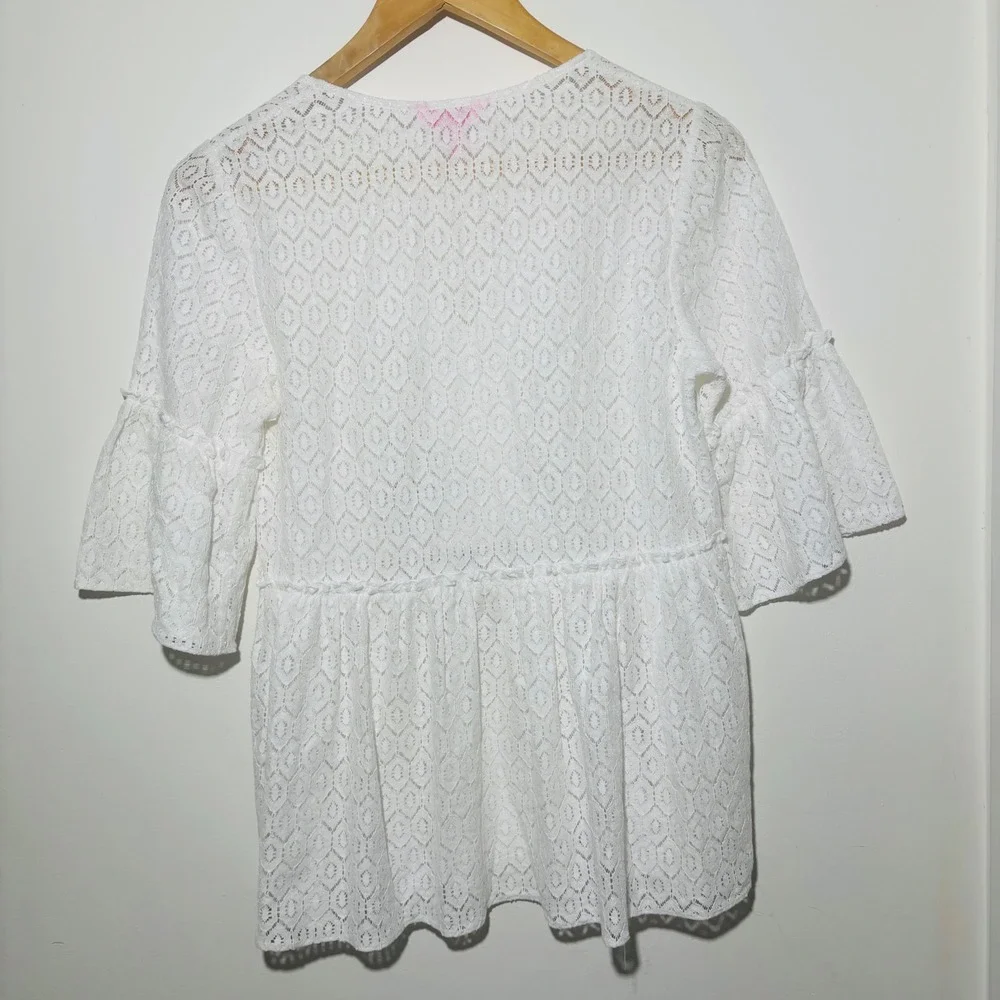 Lilly Pulitzer White Diamond Geo Lace Inez Eyelet Peplum Boho Blouse Top Sz XXS